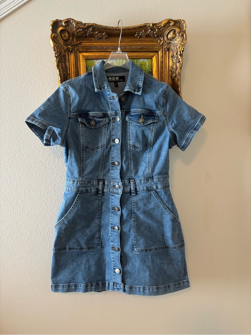 Peace Love Eco by Rewash Denim Mini Dress Short Sleeve Button Front